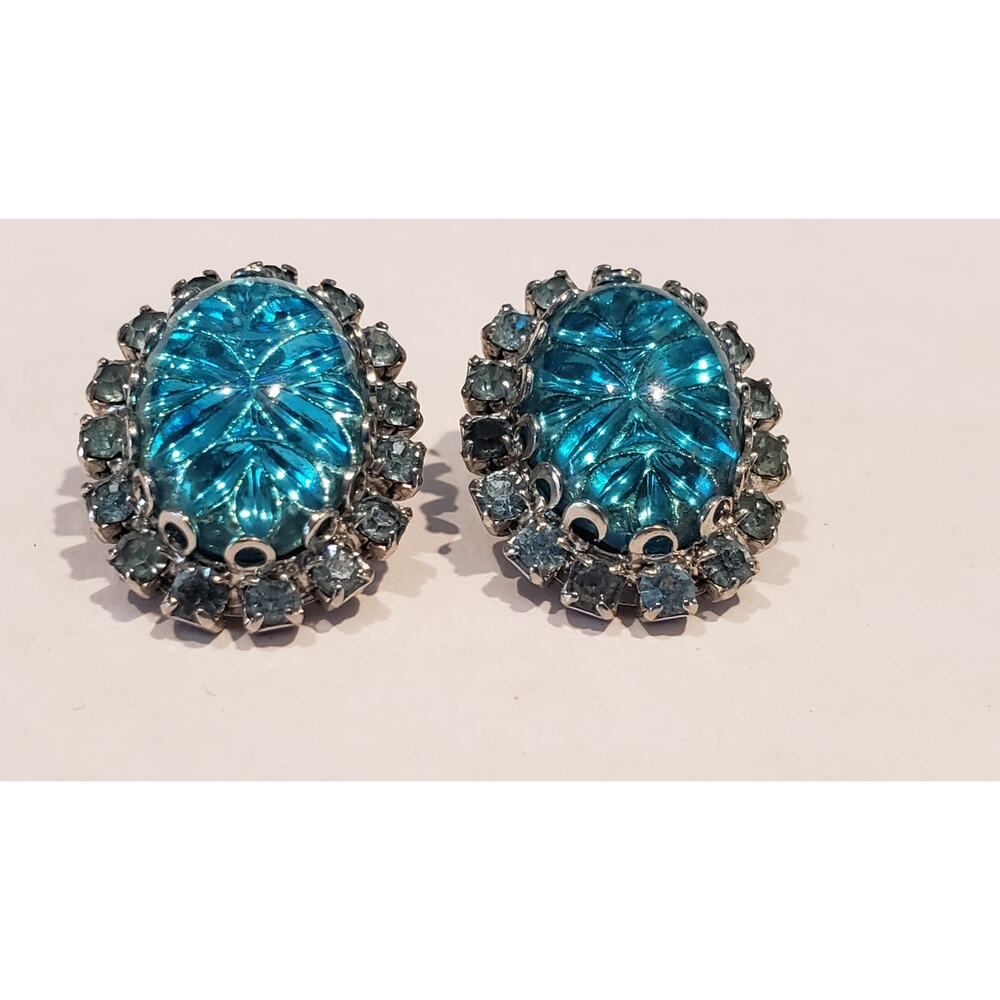 Vintage Earrings Big Molded Glass Cabochon & Rhinestone Judy Lee 1950s Sparkle - Picture 3 of 8